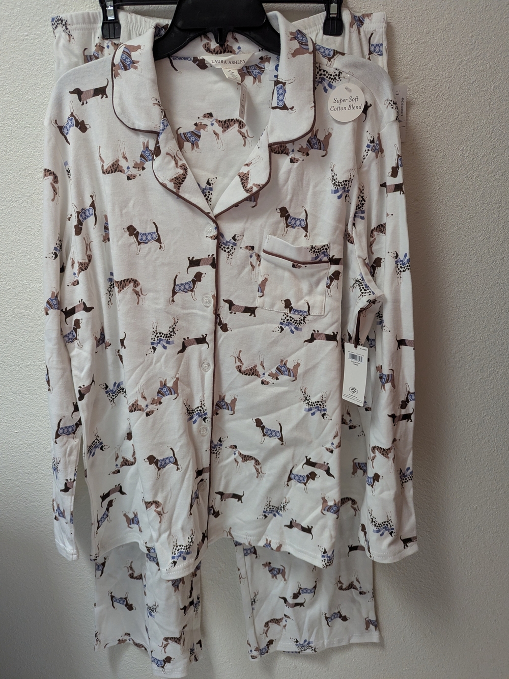 Laura Ashley White Women's Pajama Set with Brown & Blue Dog Print